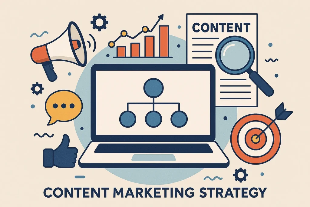 Slikovni prikaz strategije sadržajnog marketinga s fokusom na način na koji web stranica može poboljšati angažman i uspjeh marketinških kampanja.