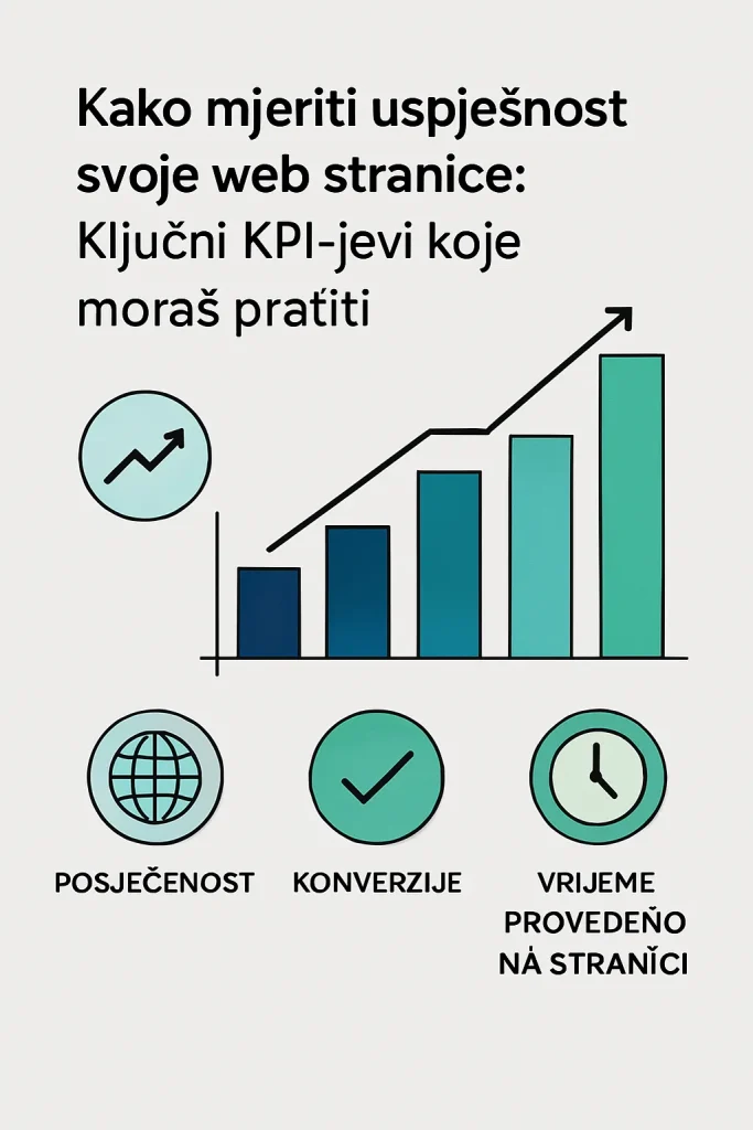 Infografika prikazuje stupčasti grafikon koji mjeri posječnost, konverzije i vrijeme provedeno na web stranici.