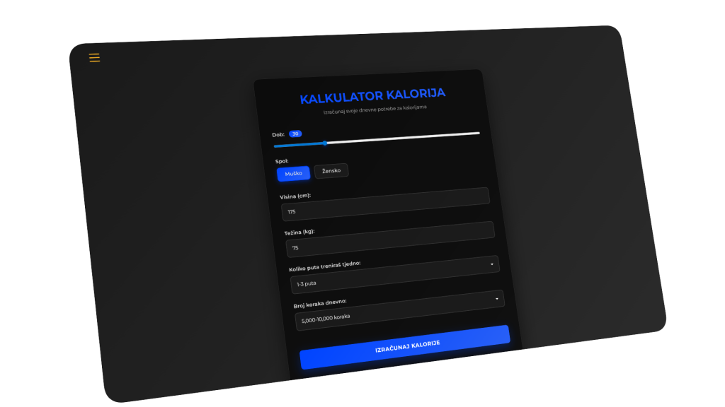 Custom kalkulator dnevnih kalorija na web stranici osobnog trenera u Zagrebu
