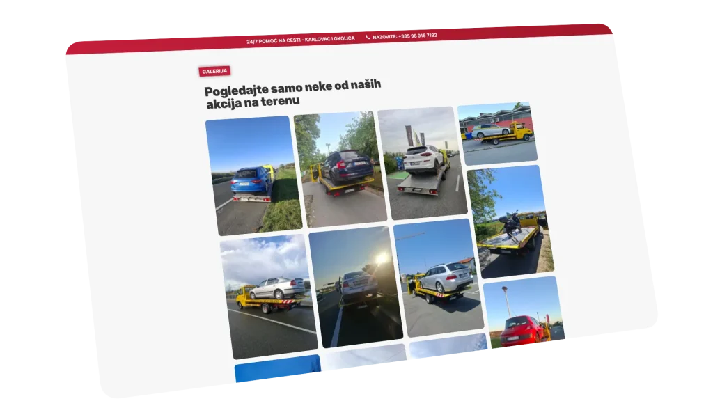mockup web stranice za vučnu i cestovnu pomoć karlovac