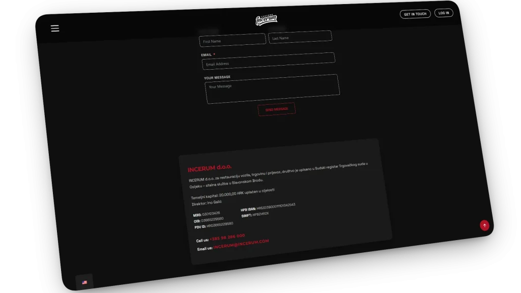 Prikaz tamne teme i luksuzne tipografije Incerum web stranice na različitim uređajima.