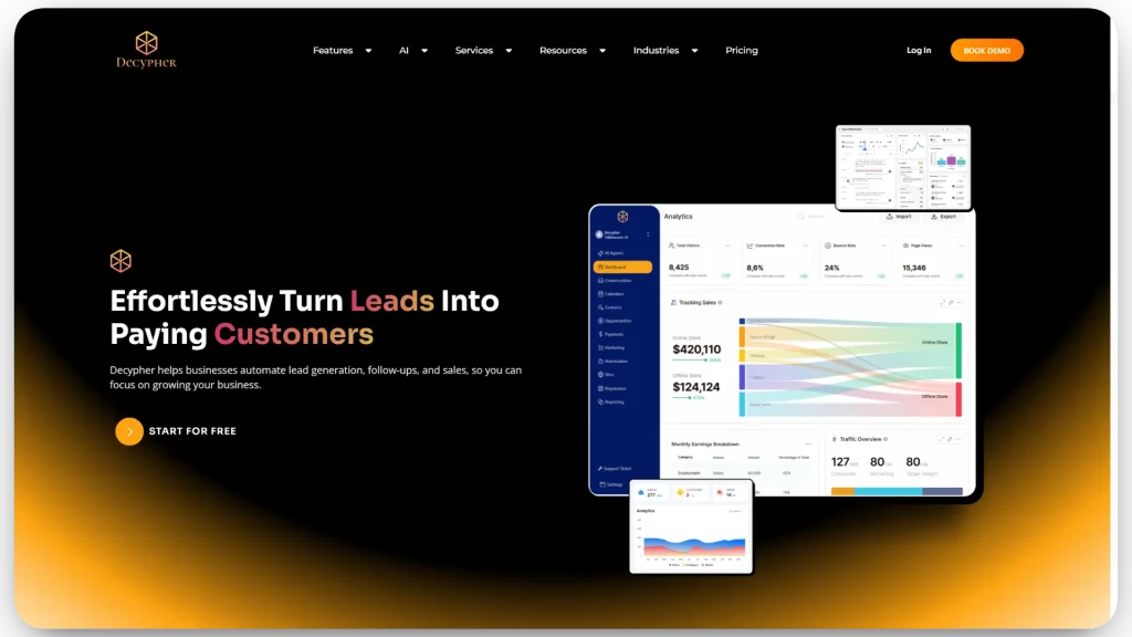 Prikaz naslovne stranice Decypher LLC web stranice s fokusom na AI CRM funkcionalnosti i automatizaciju prodaje.